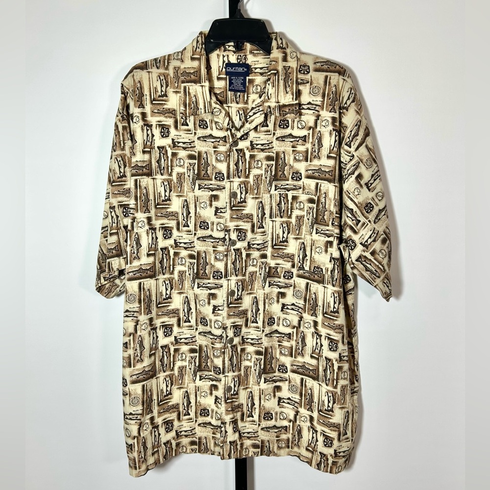 Puritan Mens Button Front Shirt Size XL Fish Print Reels Cotton Tan Brown